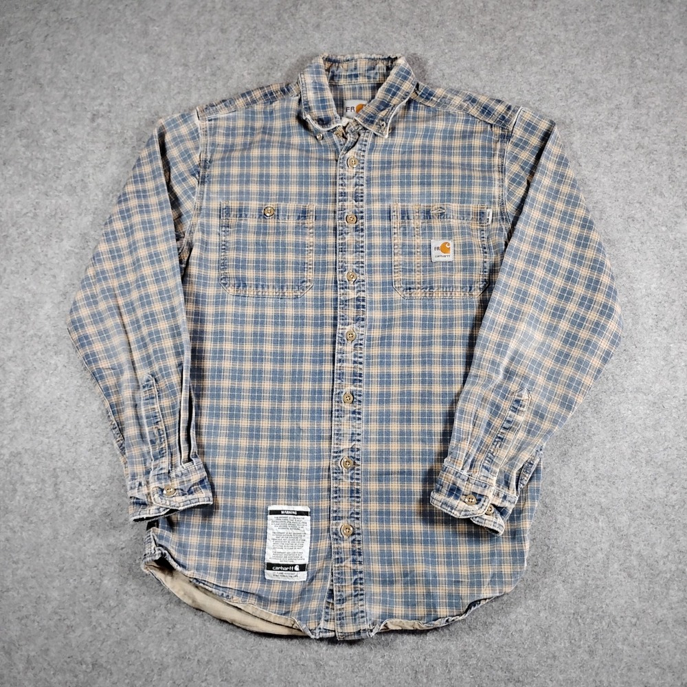 Carhartt Mens FR Flame Resistant Plaid Button Up Shirt Blue FRS007 BLU Small Reg